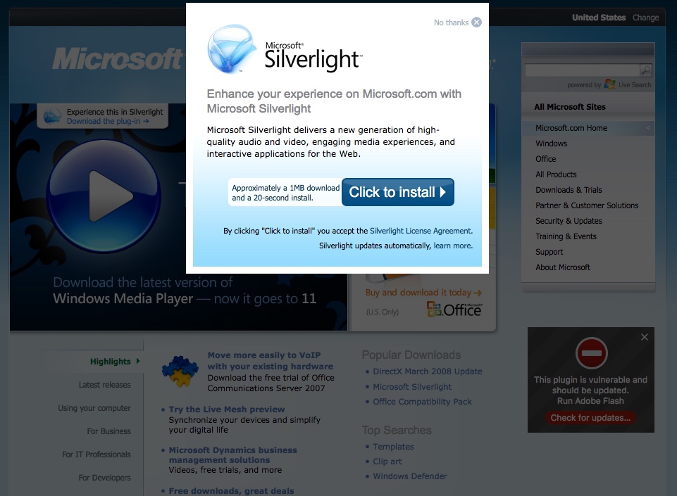 Homepage asking to install MS Silverlight (2008)